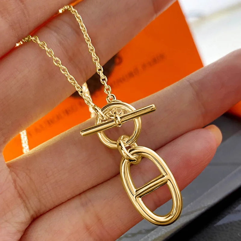 OT Button Oval Pendant Necklace