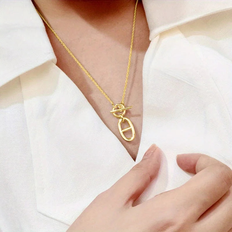 OT Button Oval Pendant Necklace